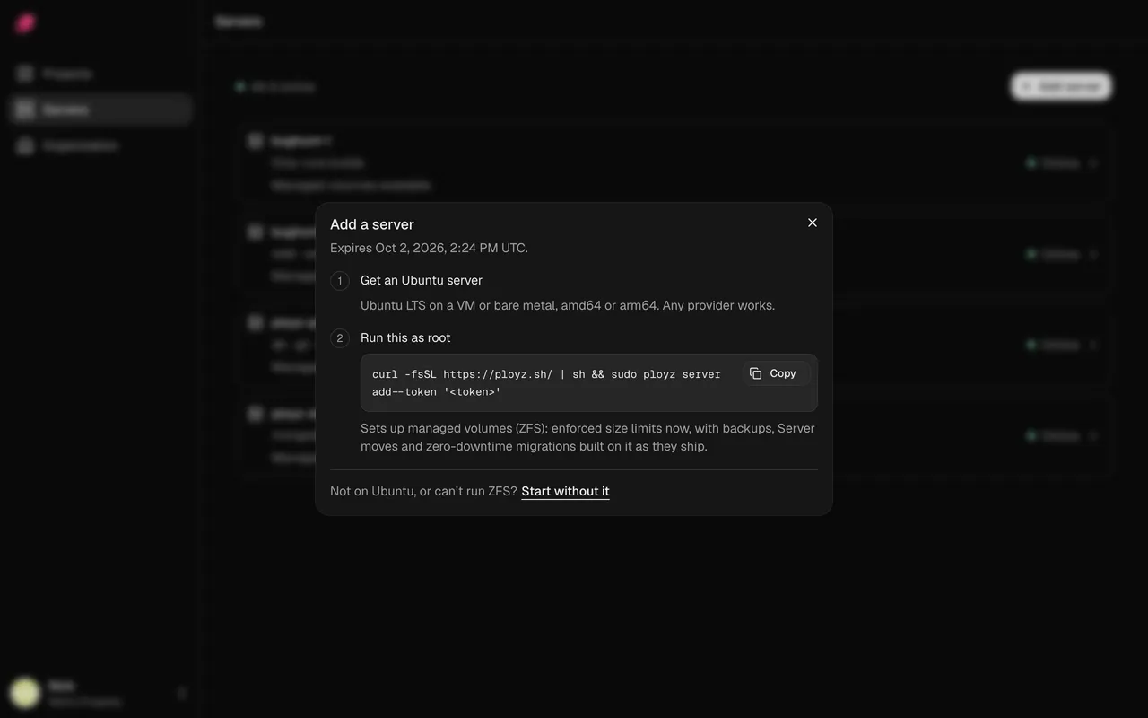 The Add a server dialog in the Ployz dashboard, with the install command and a Copy button