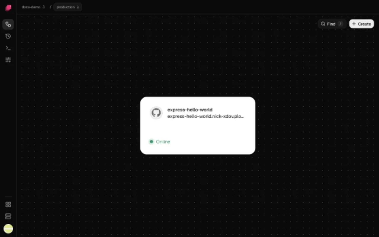 The canvas with express-hello-world Online and its address on its card