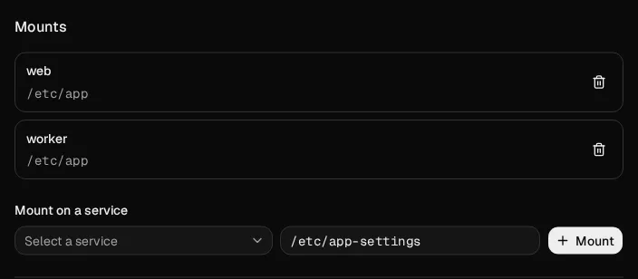 The same config mounted on web and worker at /etc/app