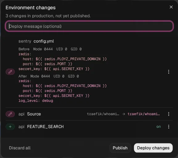 Before and After text and permissions for a config file in Details