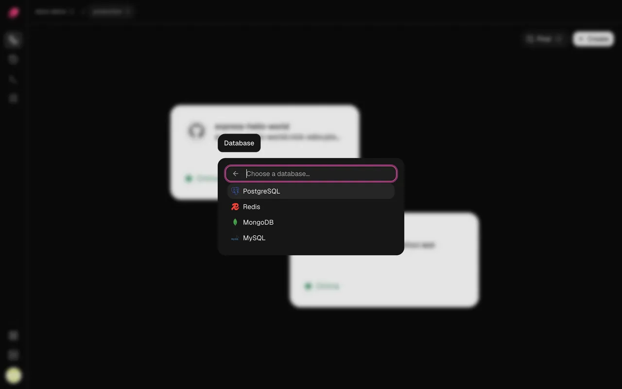 Create → Database: PostgreSQL, Redis, MongoDB and MySQL