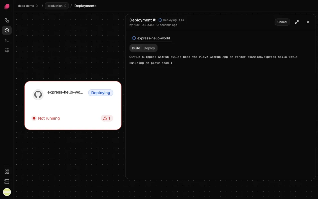 A deployment's Build log: GitHub skipped the build, so it runs on a server