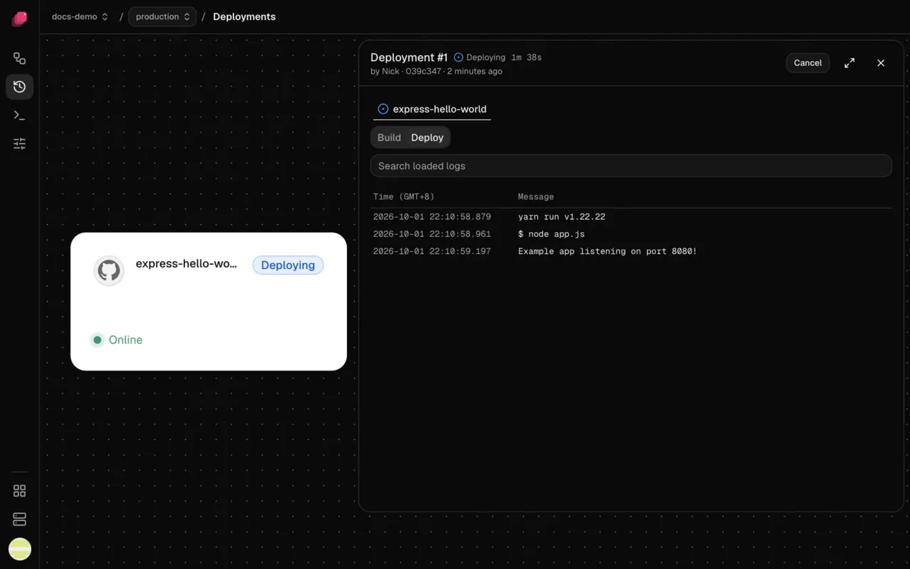 A deployment's page showing its Deploy logs