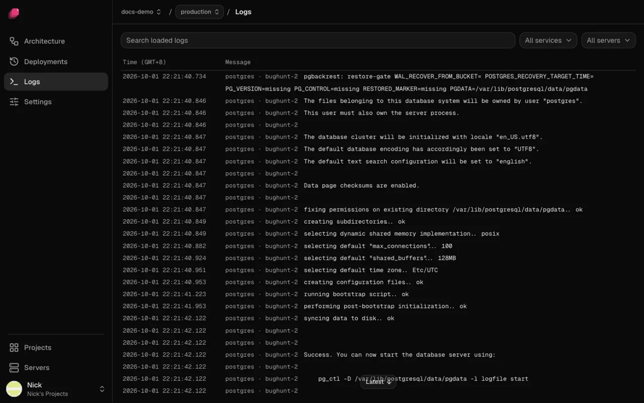 The Logs page, with service and server filters