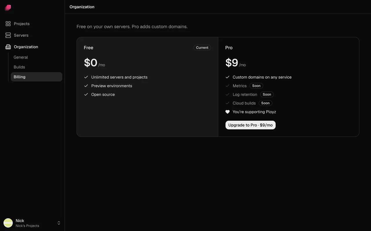 Organization → Billing: Free and Pro
