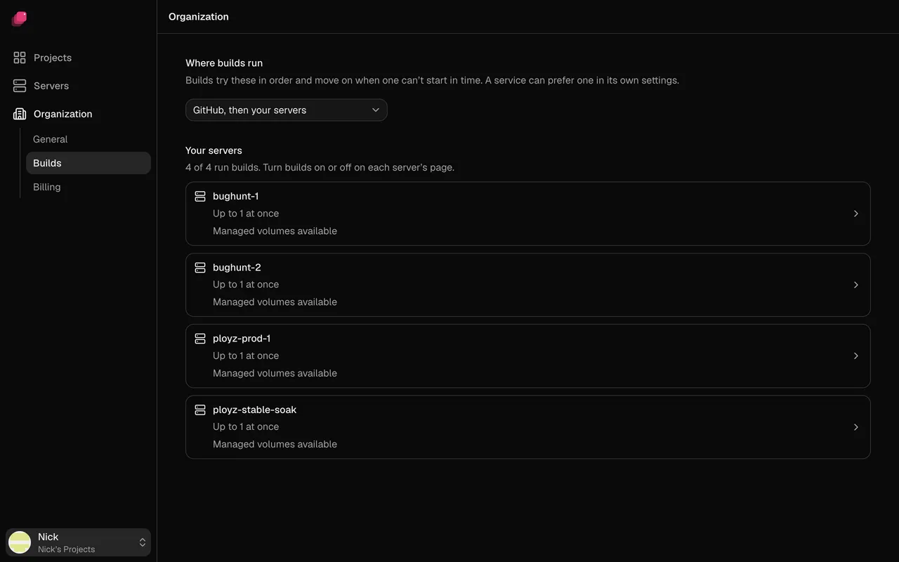 Organization, Builds page: Where builds run set to GitHub, then your servers, and four servers that run builds, up to one at once each