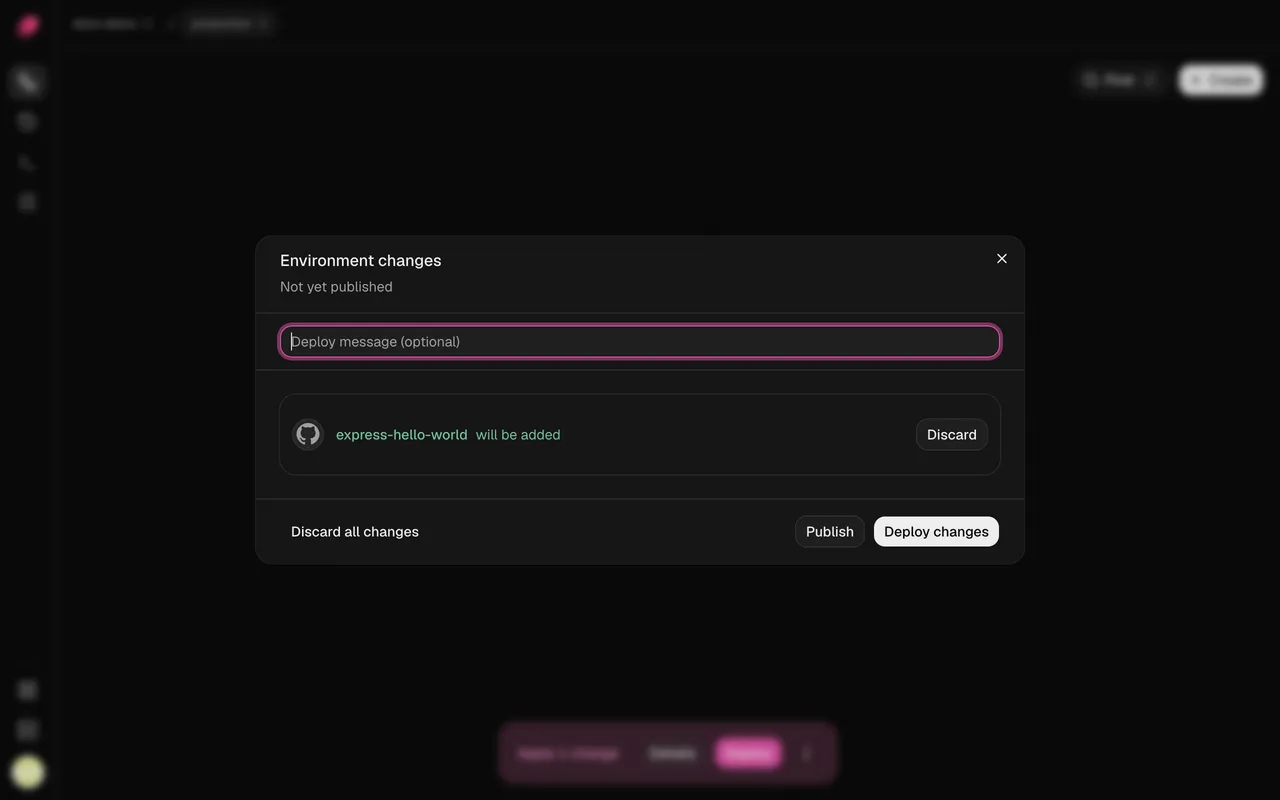 Details: each change, a deploy message, and Discard all changes, Publish and Deploy changes
