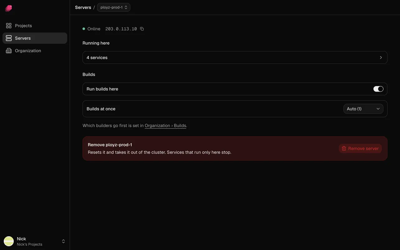 A server's page: Running here, Builds and Remove server