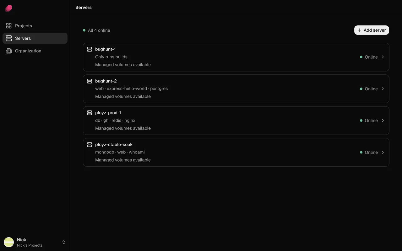 The Servers page, listing each server, what runs on it and its status