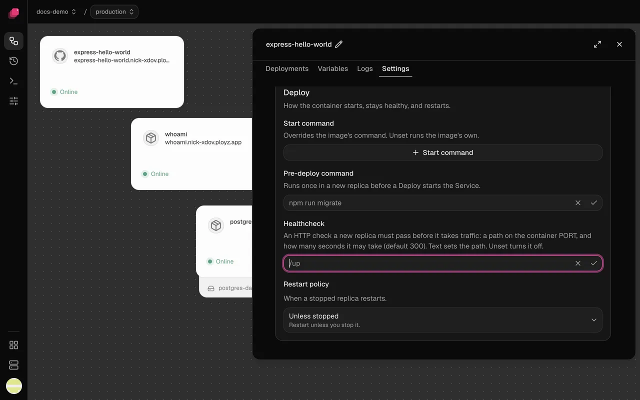Settings → Deploy: Start command, Pre-deploy command, Healthcheck and Restart policy