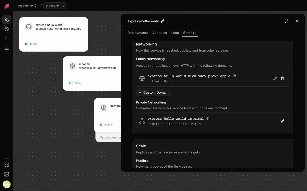 Settings → Networking: a generated domain that uses PORT, Custom Domain, and the private name