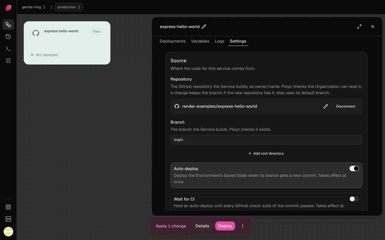 Settings → Source for a repository: Repository, Branch, Add root directory, Auto-deploy and Wait for CI