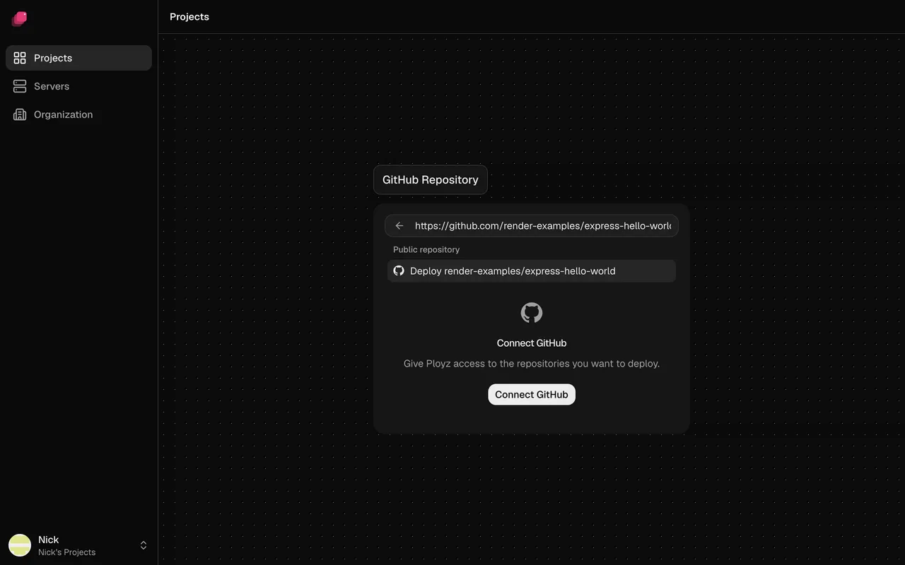 The GitHub Repository picker with the example's URL pasted