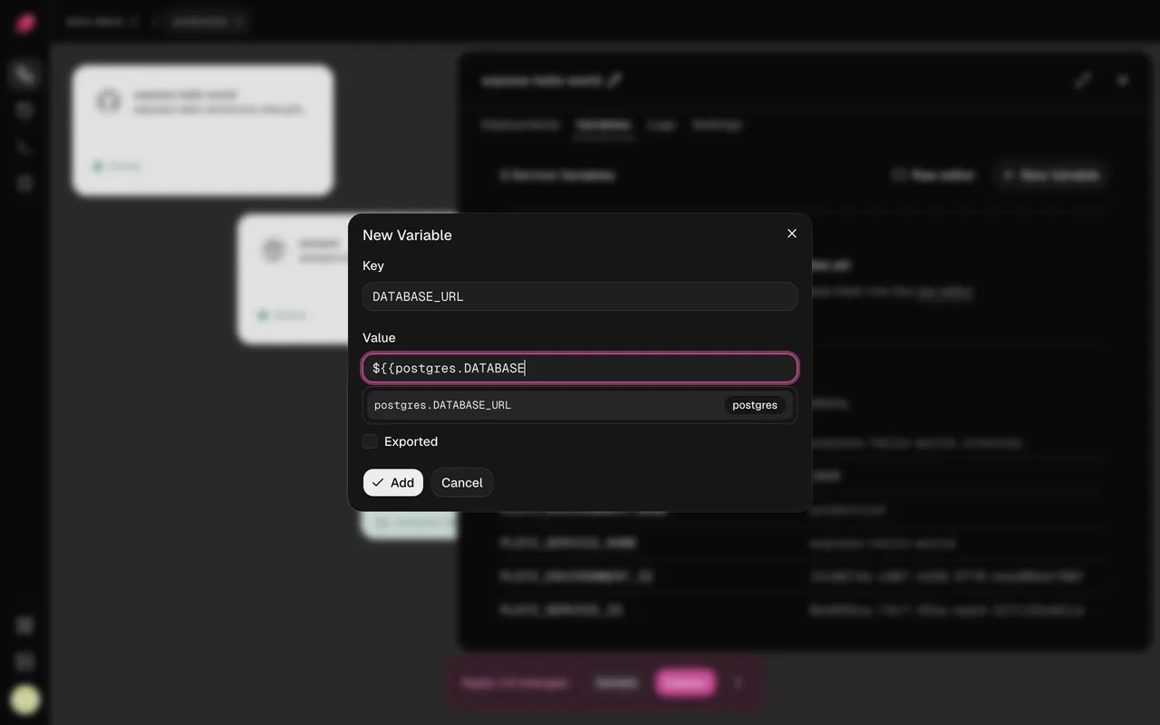 The New Variable dialog suggesting postgres.DATABASE_URL as you type a reference